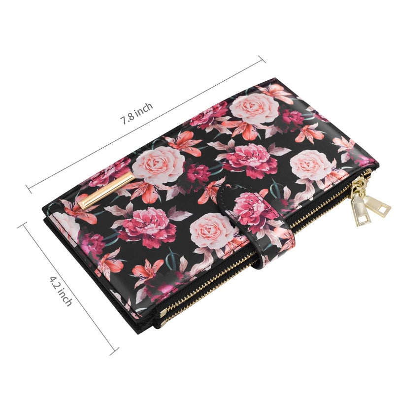 Coco Rossi Wallets for Women Rose Flowers Floral Wallet Multi Card Organizer Bifold Wallet with Zipper Pocket,Black - Image 3